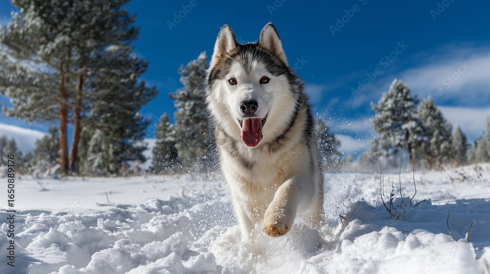 This image shows a playful Siberian Husky joyfully running through the snow. The dog has a fluffy white and gray coat, with its tongue out and eyes full of energy. Snow splashes around its paws as it This image shows a playful Siberian Husky joyfully running through the snow. The dog has a fluffy white and gray coat, with its tongue out and eyes full of energy. Snow splashes around its paws as it