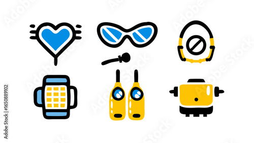 A collection of various icon illustrations showing a heart, glasses, headphones, a smartwatch, bottles, and a toaster for diverse design needs.
