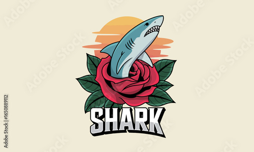 This eye-catching image captures a shark emerging from a rose, under a warm sunset glow, portraying the duality of beauty and danger within nature's designs in an artistic manner.