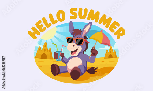A stylized donkey relaxing on the beach, embracing the sunny vibes of summer with drinks and playful elements, capturing the essence of joy and leisure.