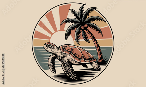 An artistic depiction of a turtle on a shore framed by a rising sun and palm tree, embodying themes of renewal, nature, and the beauty of coastal landscapes.