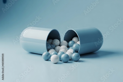 Open capsule spills out countless blue and white spheres representing pharmaceutical innovation and treatment options