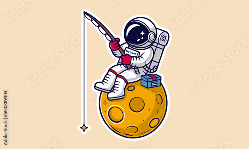 A fascinating cartoon illustration of an astronaut sitting on a whimsical moon with a fishing rod, symbolizing a mix of solitude and exploration in the vastness of space.