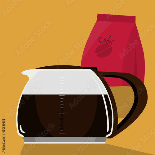 jarra de vidro com café e embalagem de café ao fundo