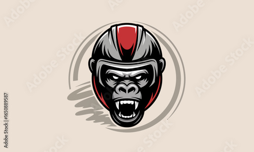 A fierce gorilla wearing a red racing helmet showcases its power and aggression, symbolizing strength and determination in the world of competitive sports and rivalry.
