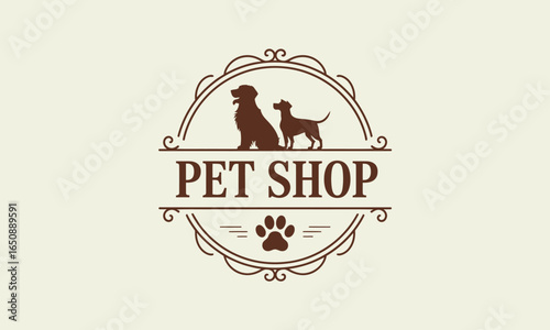 A classic logo that represents a pet shop, featuring dog silhouettes in a pleasant layout, showcasing love and commitment to the well-being of pets and animals.