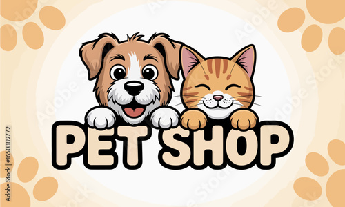 This delightful artwork features a joyful puppy and a content cat posing with a 'Pet Shop' sign, symbolizing the bond between pets and their owners in a friendly environment.