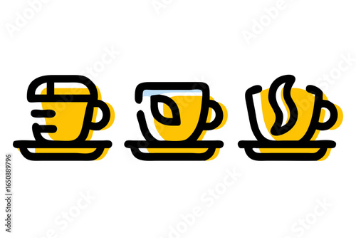Three stylized tea cups sit in a row, each designed with unique features and offering a visual representation of the beverage.