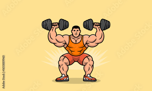 A fit man in an orange outfit performs a squat with dumbbells, showcasing strength and dedication while emphasizing fitness and the benefits of maintaining an active lifestyle.