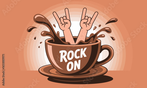 This vibrant illustration showcases 'Rock On' alongside hand gestures emerging from a coffee cup, capturing a lively and energized emotional vibe.