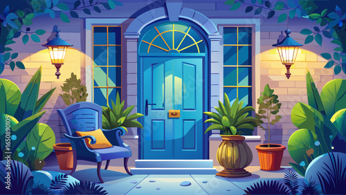 A charming blue front door stands beautifully framed by elegant lanterns, lush greenery, and a welcoming chair, creating warmth, elegance, and realistic style perfect for inviting cherished guests ins