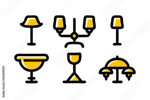 A comprehensive collection of diverse interior lighting devices and elegant fixtures depicted as stylish modern graphic outline icons.