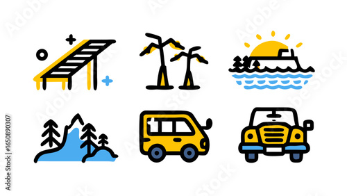 Collection of travel icons showing a bridge, palm trees, boat, mountain, van, and a car, representing various modes of transport.
