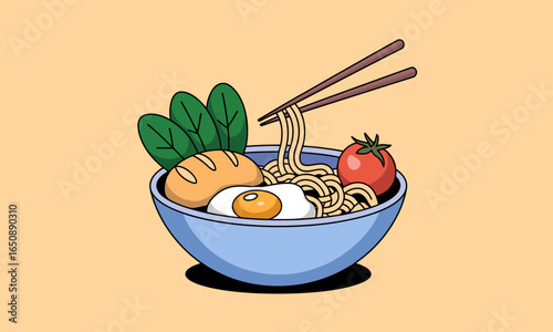 This captivating image showcases a bowl of noodles with a fried egg, tomatoes, and fresh greens, representing a harmony between flavors and visual appeal in a modern setting.
