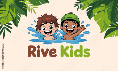 Illustration of two joyful children delighting in a water splash during summer, capturing the essence of childhood fun and the natural vigor of youth in a lively manner.