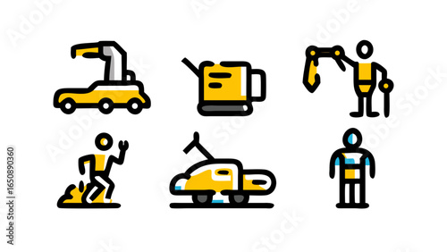 Modern collection of diverse industrial, construction, and heavy machinery related outline icons representing labor and transportation.