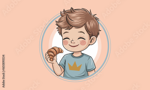 A cheerful young boy beaming while holding a croissant, encapsulating the excitement and joy of indulging in delightful baked goods.