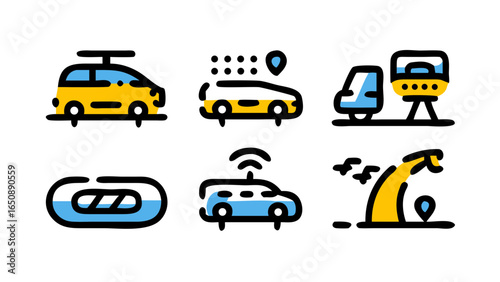 A collection of innovative vector icons representing modern transportation, smart city systems, and future urban mobility solutions