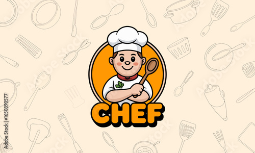 This captivating image of a cheerful chef character with a spoon introduces a logo featuring lively elements perfect for food businesses and culinary promotions.