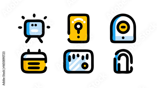 A comprehensive assortment of brightly colored line art icons representing modern smart home automation and digital security systems.