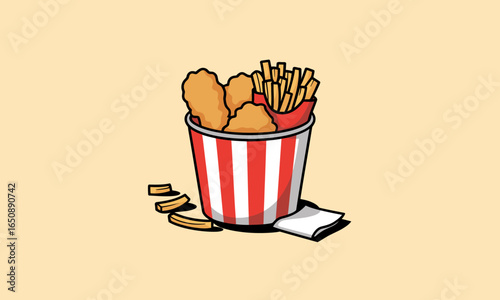 This image captures a bucket filled with delicious fried chicken and French fries against a neutral background, evoking a sense of nostalgia and hunger for comfort food.