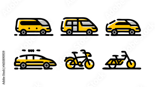 A diverse collection of modern two-wheeled and four-wheeled urban transportation vehicles depicted as colorful line icons.
