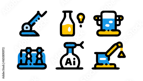 A vibrant collection of modern industrial processes, scientific research, and artificial intelligence development icons.