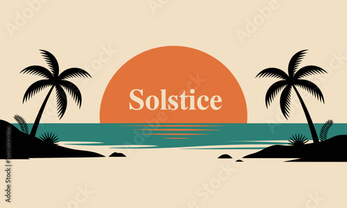 An uplifting seaside illustration featuring the word ‘Solstice’, symbolizing change, celebration, nature’s cycles, and the joyful spirit of summer evenings by the shore.