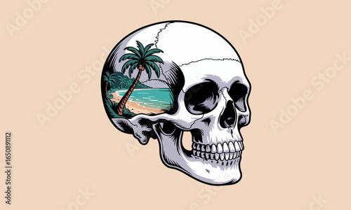 A beautifully designed skull featuring a scenic beach landscape inside, capturing the blending of life’s beauty with the ultimate reality of human existence artistically.
