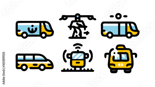 An illustrative collection of diverse urban transportation vehicle line icons featuring buses, vans, taxis, and delivery drones.