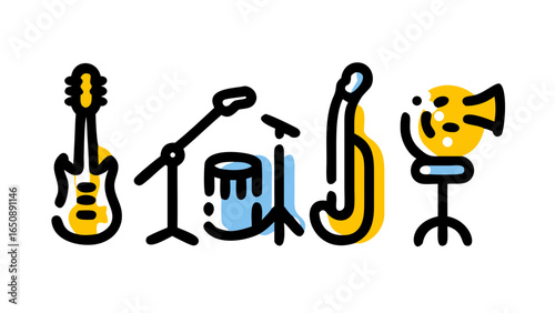A vibrant set of contemporary line art icons depicting essential musical instruments and professional audio equipment for bands.