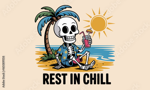 A vibrant skeleton with a colorful drink enjoys a sunny beach, depicting a humorous yet relaxed take on life and leisure amidst a tropical paradise.