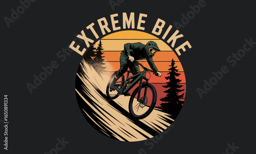 A dynamic mountain biker speeds downhill through a scenic backdrop, capturing the essence of adventure and the thrill of extreme sports, ideal for active lifestyle imagery.