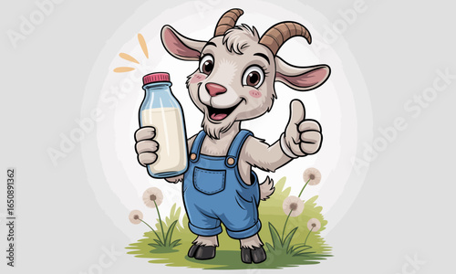 A playful goat holds a milk bottle in a flowery field, radiating happiness and simplicity, making it an attractive image for children's products and educational materials.