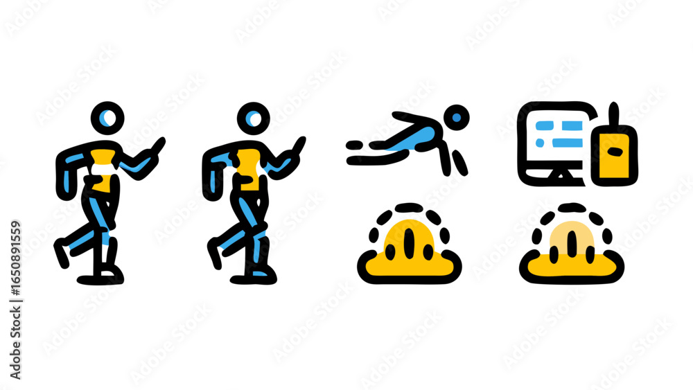 Naklejka premium Diverse collection of modern outlined vector icons illustrating human activities, construction safety gear, and digital communication technology
