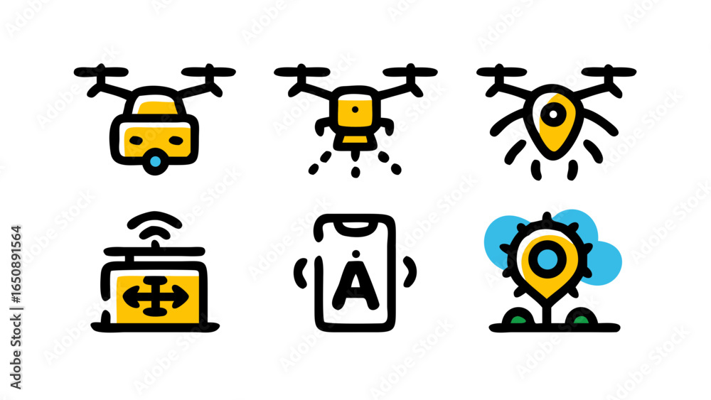 custom made wallpaper toronto digitalA collection of colorful drone technology icons depicting smart agriculture, aerial surveillance, and modern farming applications.