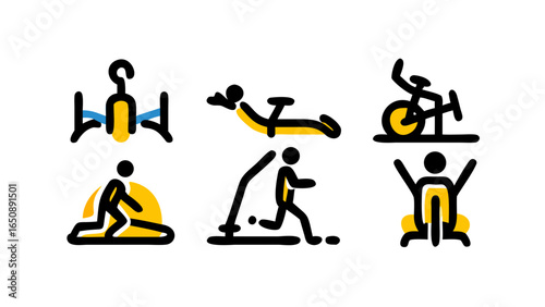 A collection of colorful simplified line icons depicting various fitness activities and gym equipment for active lifestyle concepts