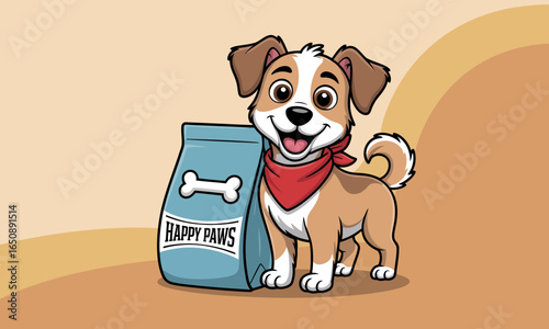 An adorable puppy wearing a red bandana happily poses next to a bag of Happy Paws dog food, representing playful affection and pet care in a charming, colorful design.