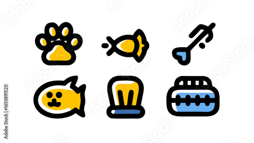 An engaging assortment of clean and minimalist line art icons for diverse pet needs, encompassing nutrition and playtime essentials.