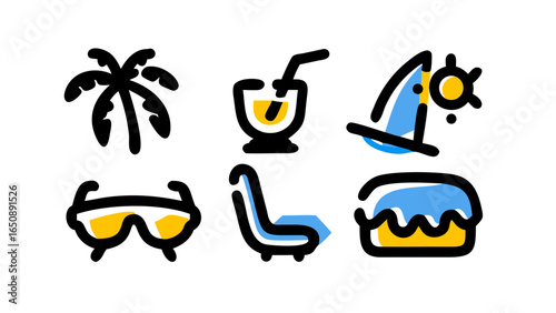 A comprehensive set of vibrantly colored hand-drawn doodle style icons representing essential elements for a delightful summer vacation.