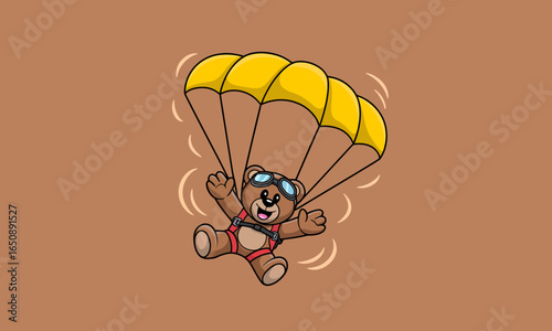 A delightful bear happily parachutes against a warm background, showcasing a sense of wonder and adventure while evoking joy and lightheartedness in its expression.