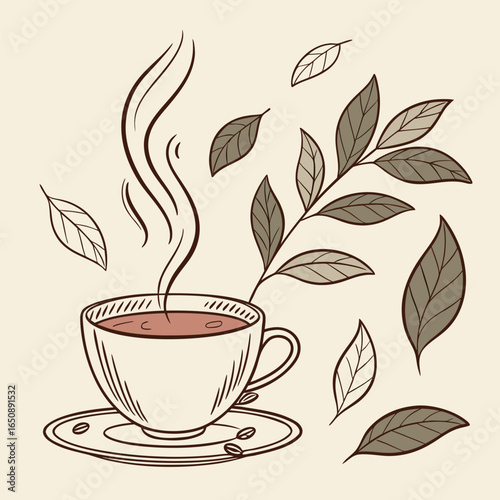 Clean vector artwork of a hot tea cup with loose leaves, ideal for tea packaging, icons, labels and health-focused marketing materials