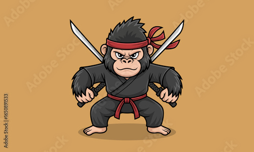 A strong cartoon gorilla ninja poses in a combat stance with dual blades, capturing strength, valor, and an artistic interpretation of a warrior ready for battle.