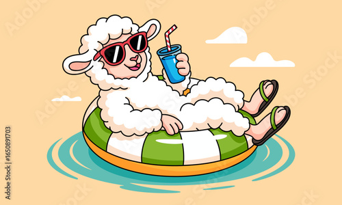 A charming sheep lounging on a float with a drink, radiating joy and easy summer vibes, representing carefree relaxation and playfulness in a whimsical cartoon style.