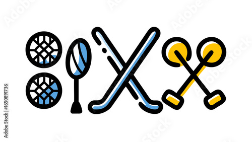 Stylized vector icons showcasing essential equipment for popular sports like golf, badminton, ice hockey, and lacrosse activities.