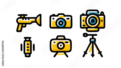 A comprehensive collection of modern photography and videography equipment icons illustrating various creative tools and devices.