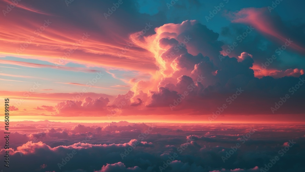 Obraz premium Colorful sunset sky with vibrant clouds and sunset hues. Atmospheric and scenic view, natural beauty, sky impression. The concept of sunset and sky.