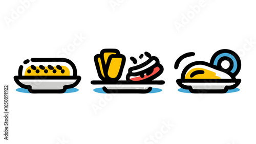 A minimalistic illustrative collection showcasing diverse breakfast and lunch meal dishes, including corn, tacos, and scrambled eggs icons.
