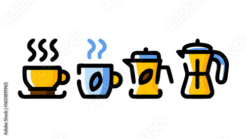 A vibrant collection of essential coffee and beverage icons featuring steaming cups, brewing pots, and popular drink equipment.