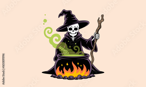A captivating illustration of a skeleton witch wielding a staff while brewing a potion in a cauldron, reflecting the enchanting vibe of Halloween magic and mystery.